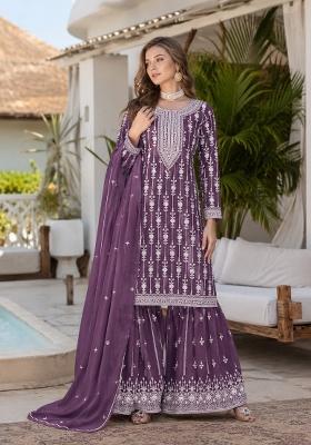 Purple Embroidery Georgette Sharara Set