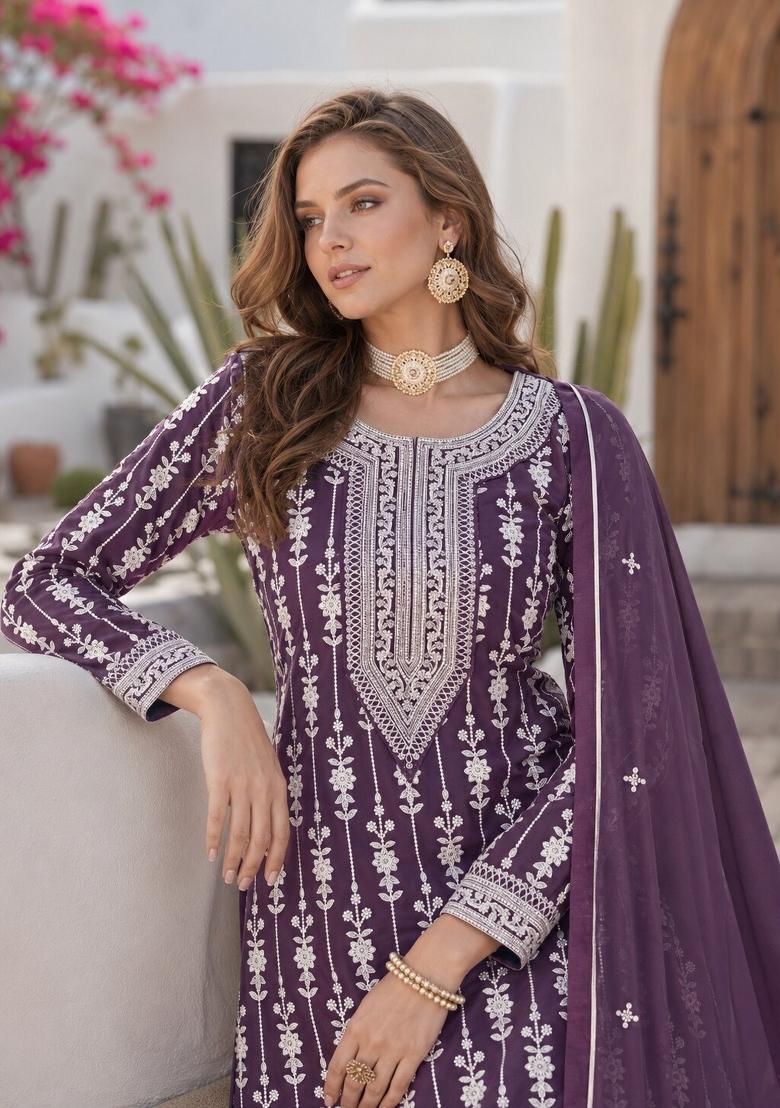 Purple Embroidery Georgette Sharara Set - Indya