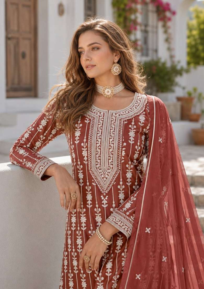 Brown Embroidery Georgette Sharara Set - Indya