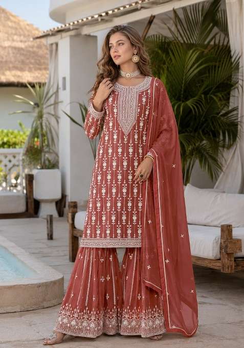 Brown Embroidery Georgette Sharara Set