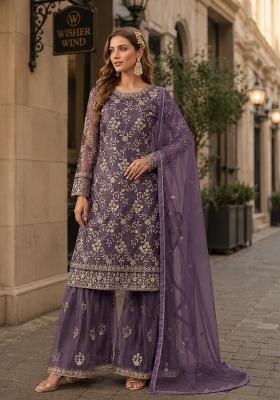 Purple Embroidery Net Sharara Set