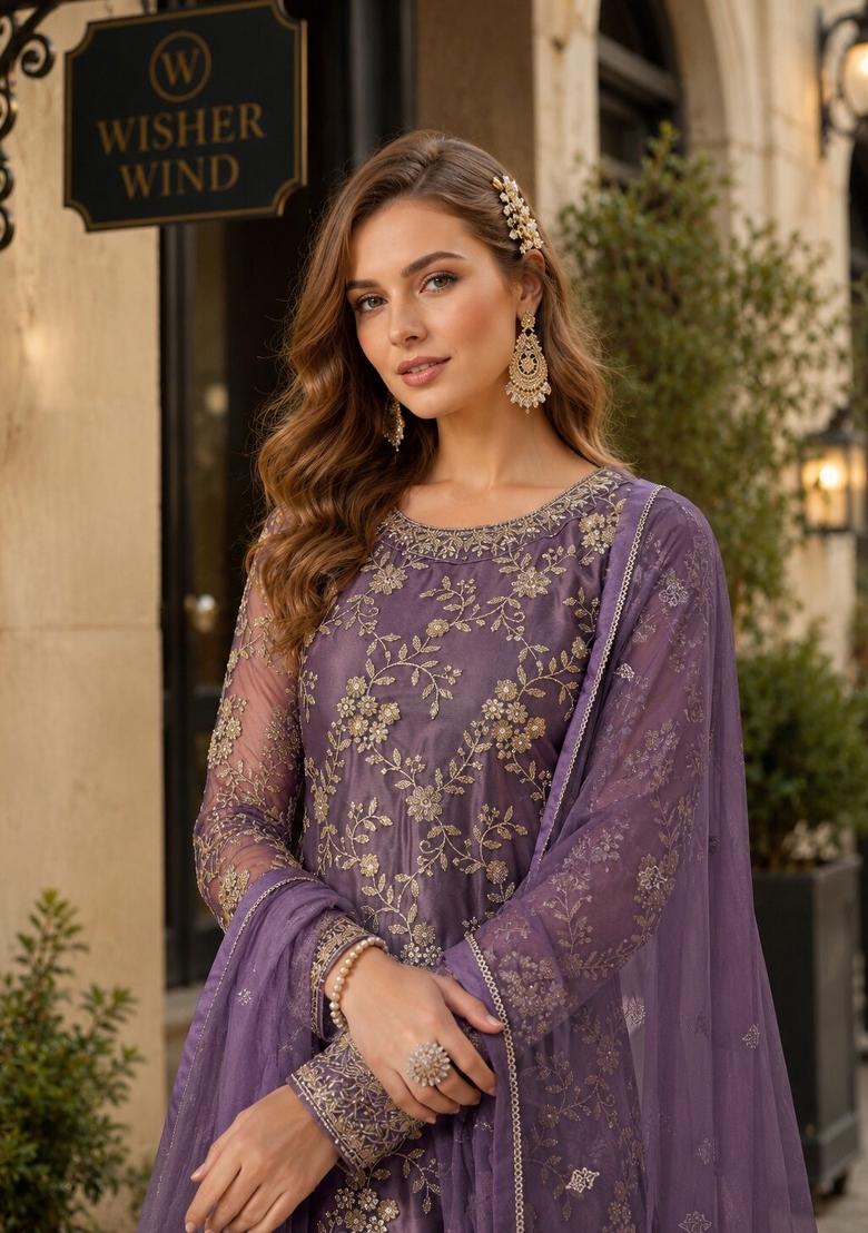 Purple Embroidery Net Sharara Set - Indya