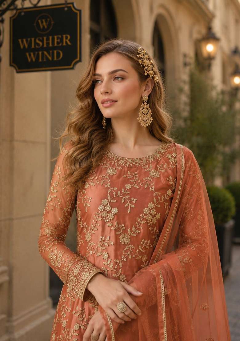 Brown Embroidery Net Sharara Set - Indya