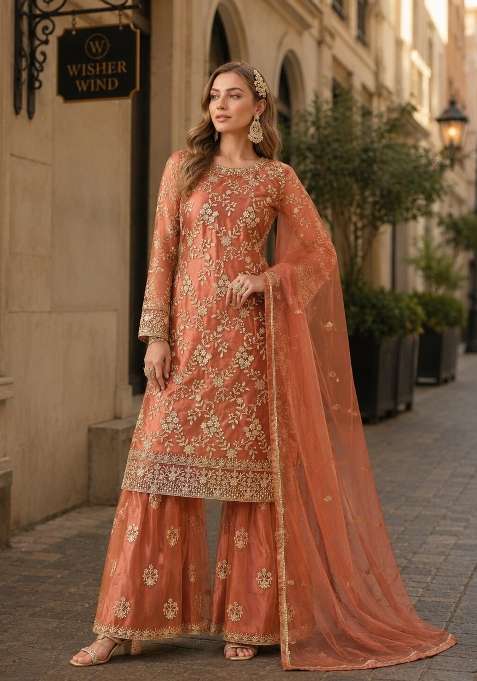 Brown Embroidery Net Sharara Set