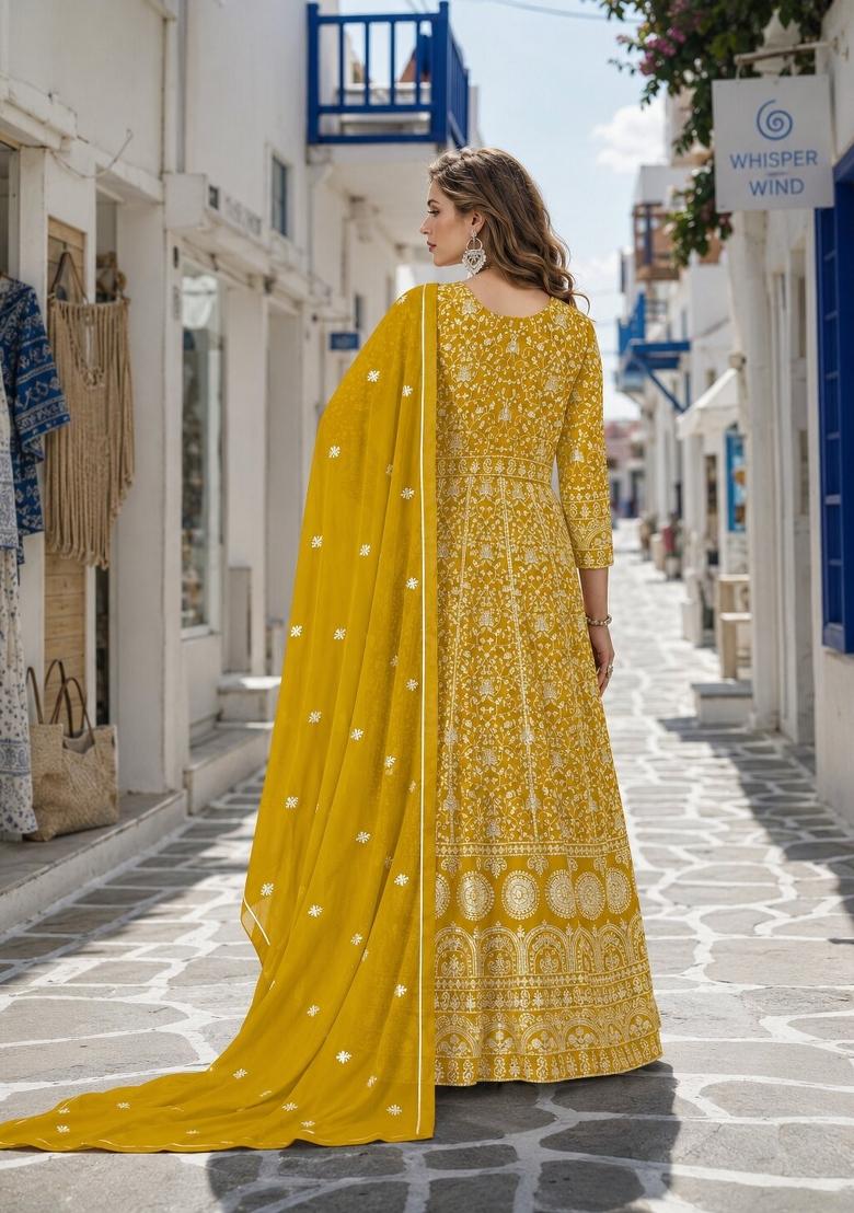 Yellow Embroidery Georgette Anarkali Set - Indya