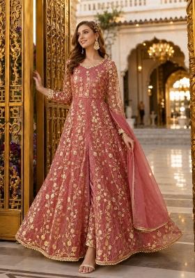 Pink Embroidery Net Anarkali Set