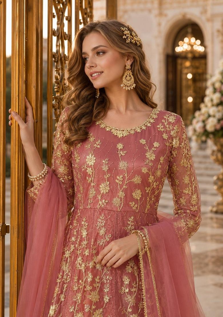 Pink Embroidery Net Anarkali Set - Indya