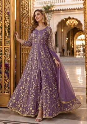 Purple Embroidery Net Anarkali Set