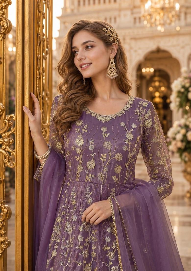 Purple Embroidery Net Anarkali Set - Indya
