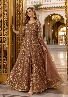 Brown Embroidery Net Anarkali Set