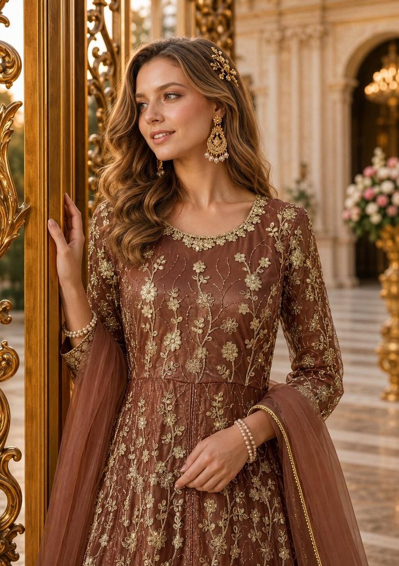 Brown Embroidery Net Anarkali Set - Indya