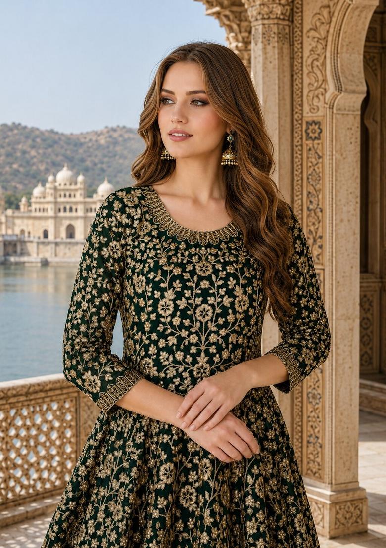 Green Embroidery Georgette Anarkali Set - Indya