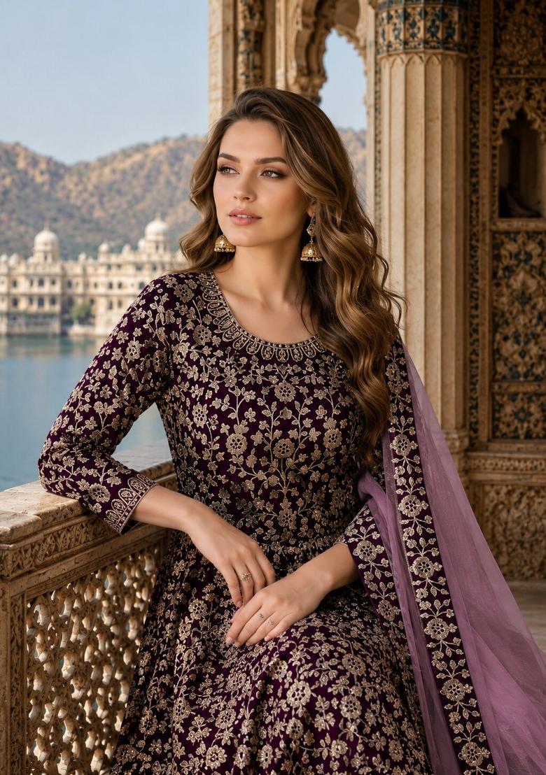 Purple Embroidery Georgette Anarkali Set - Indya