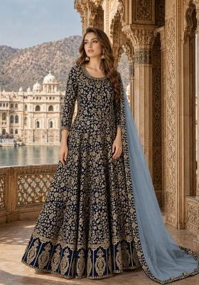 Navy Blue Embroidery Georgette Anarkali Set