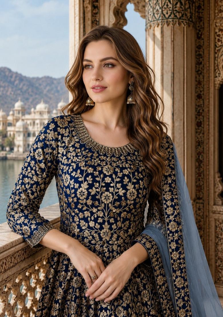 Navy Blue Embroidery Georgette Anarkali Set - Indya