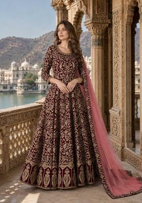 Maroon Embroidery Georgette Anarkali Set