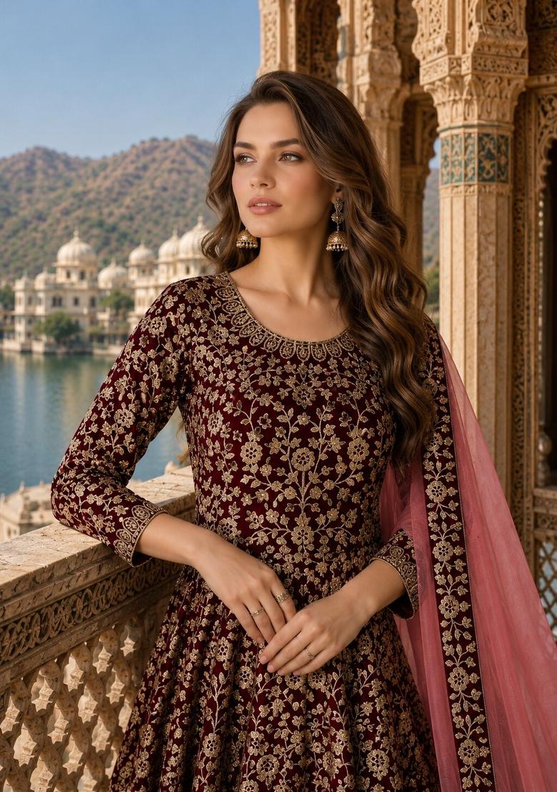 Maroon Embroidery Georgette Anarkali Set - Indya