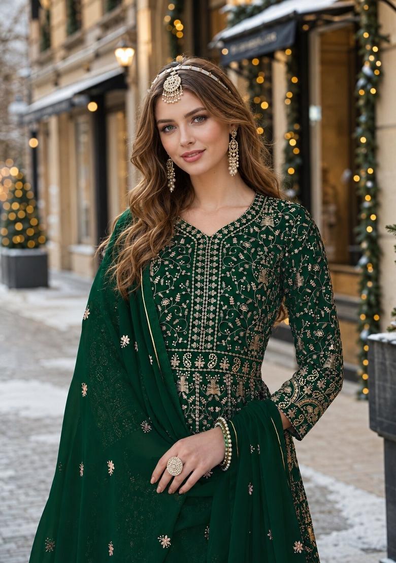 Green Embroidery Georgette Anarkali Set - Indya