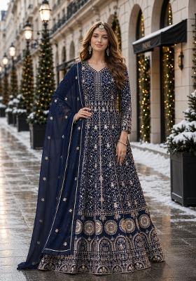 Navy Blue Embroidery Georgette Anarkali Set