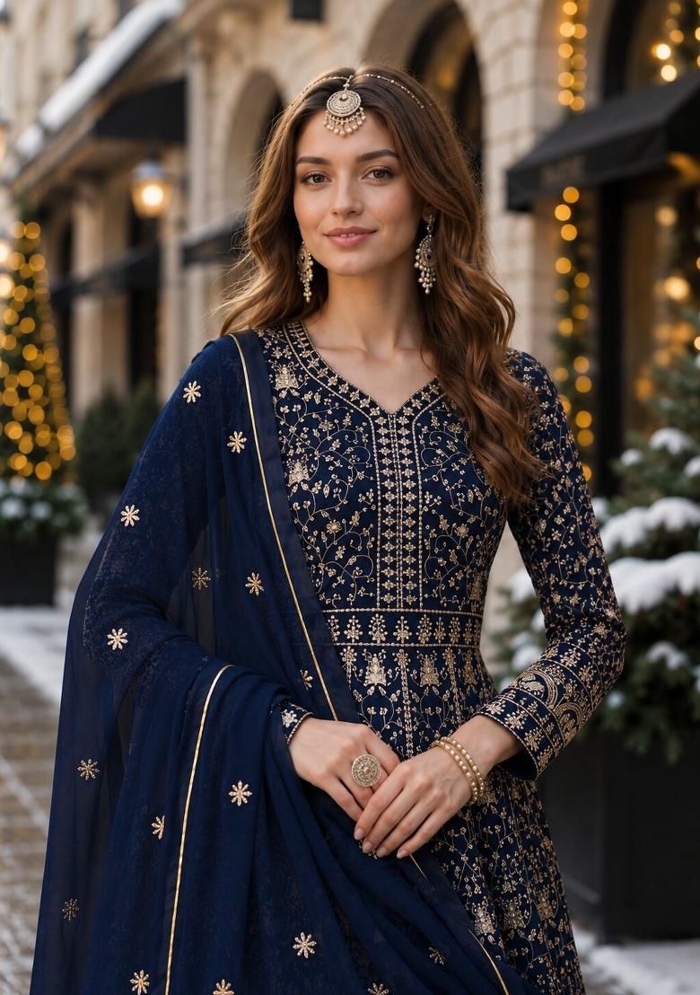 Navy Blue Embroidery Georgette Anarkali Set - Indya
