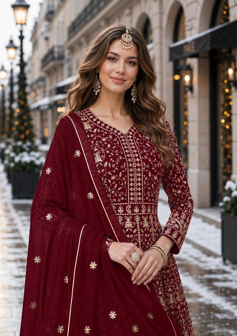 Maroon Embroidery Georgette Anarkali Set - Indya