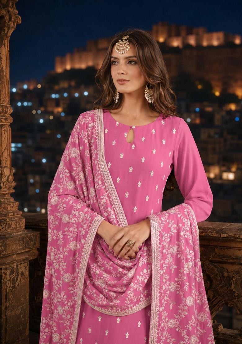 Pink Embroidery Georgette Kurta Set - Indya