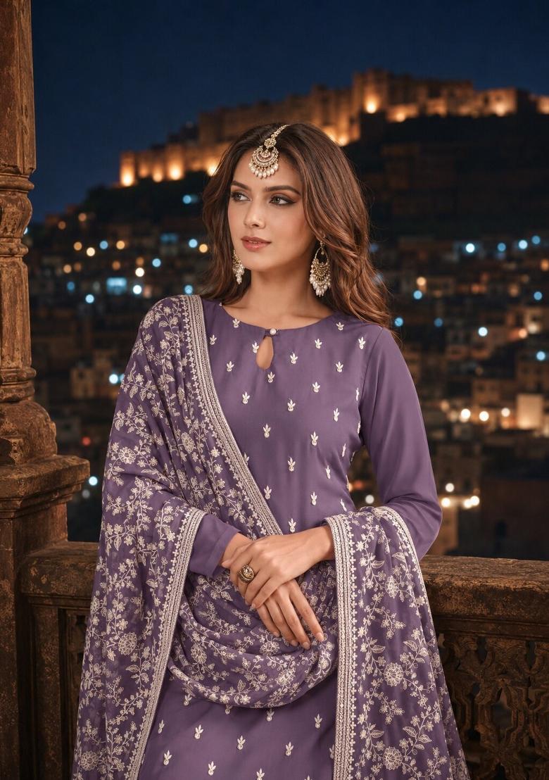 Lavender Embroidery Georgette Kurta Set - Indya