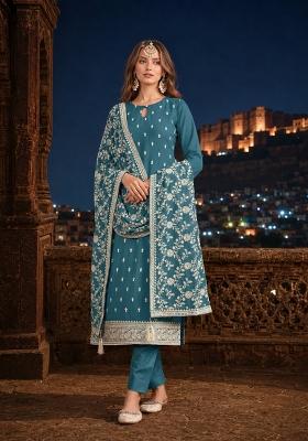 Teal Embroidery Georgette Kurta Set