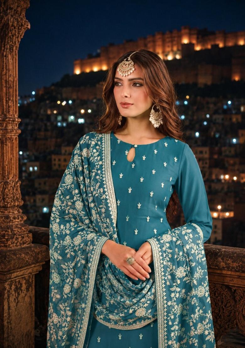 Teal Embroidery Georgette Kurta Set - Indya
