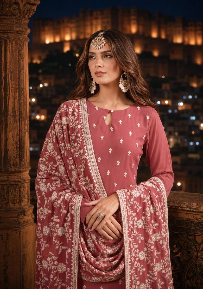 Brown Embroidery Georgette Kurta Set - Indya