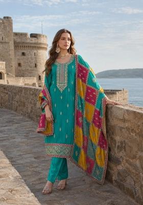 Blue Embroidery Silk Kurta Set