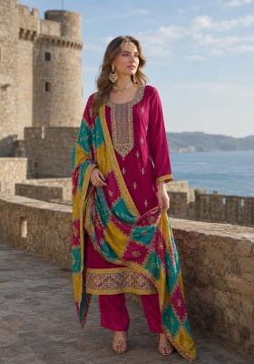 Wine Embroidery Silk Kurta Set