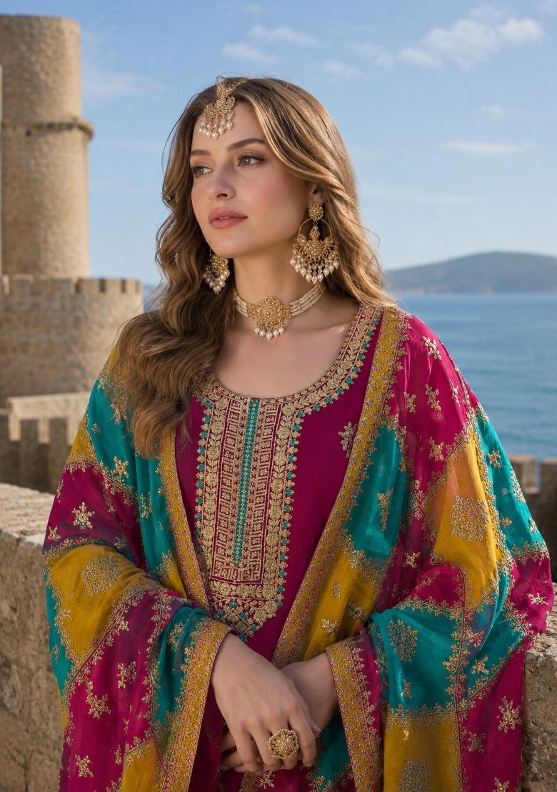 Wine Embroidery Silk Kurta Set - Indya