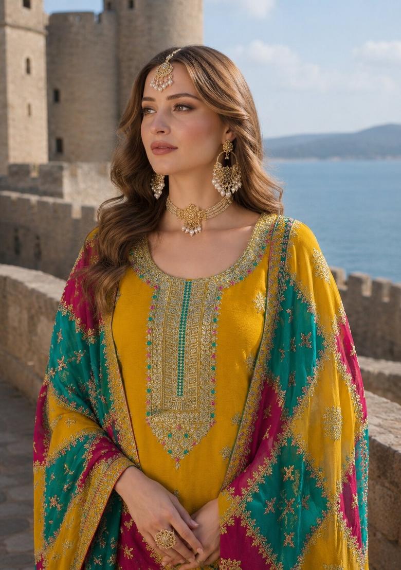 Mustard Embroidery Silk Kurta Set - Indya