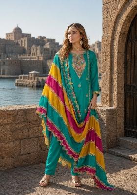 Blue Embroidery Silk Kurta Set