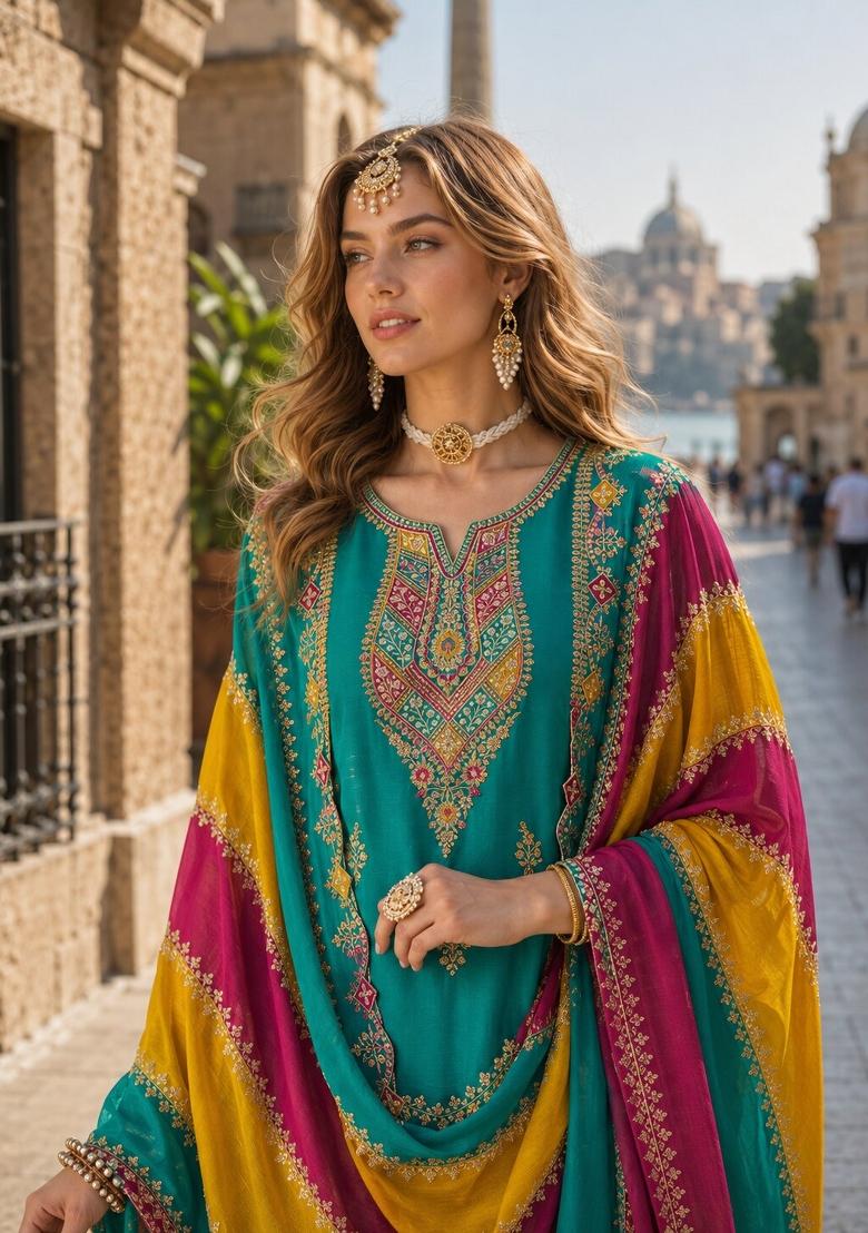 Blue Embroidery Silk Kurta Set - Indya