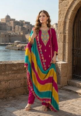 Wine Embroidery Silk Kurta Set