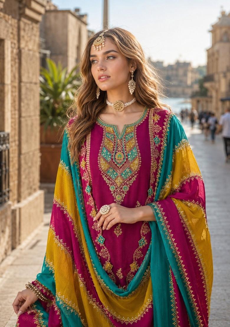 Wine Embroidery Silk Kurta Set - Indya