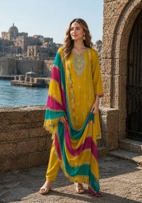 Mustard Embroidery Silk Kurta Set