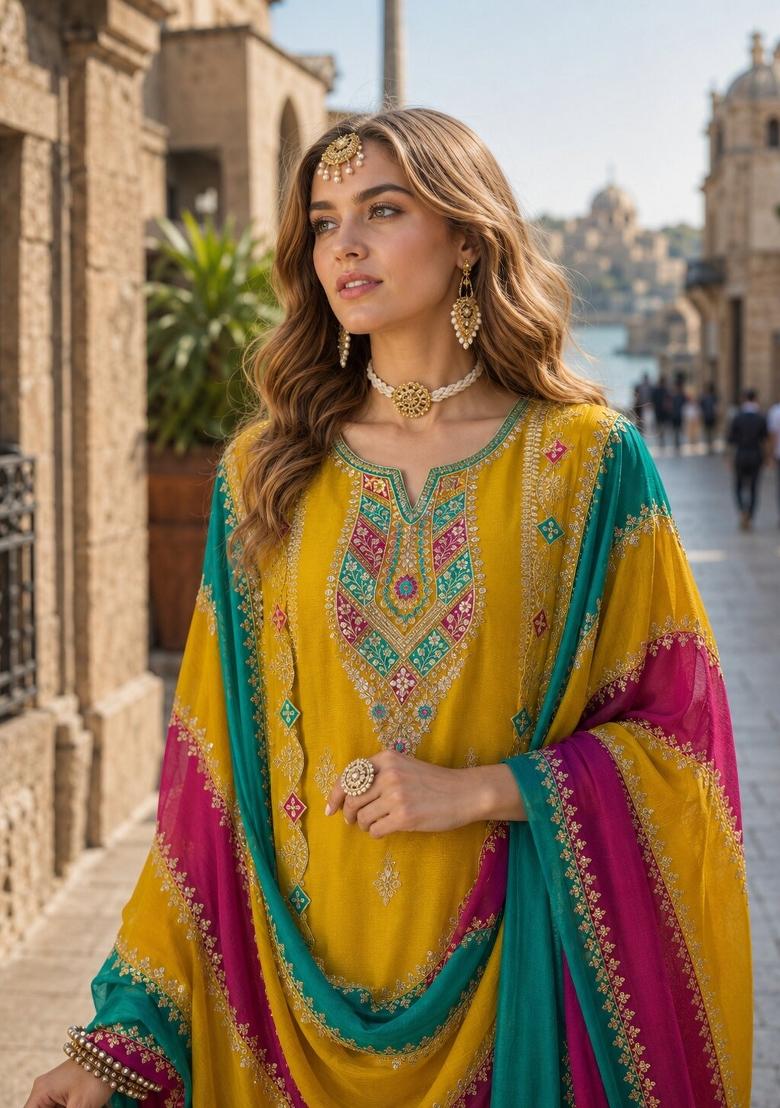 Mustard Embroidery Silk Kurta Set - Indya