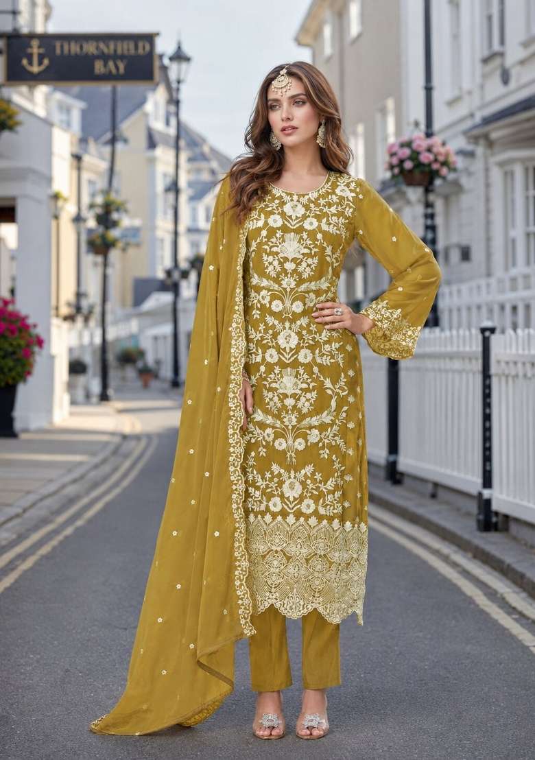 Mehendi Embroidery Organza Kurta Set - Indya