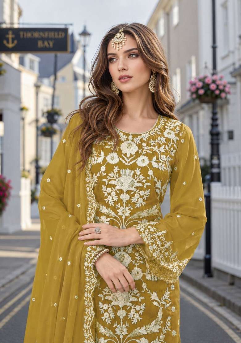 Mehendi Embroidery Organza Kurta Set - Indya