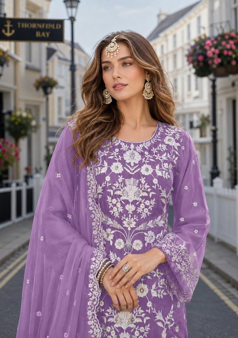Lavender Embroidery Organza Kurta Set - Indya