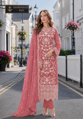 Peach Embroidery Organza Kurta Set