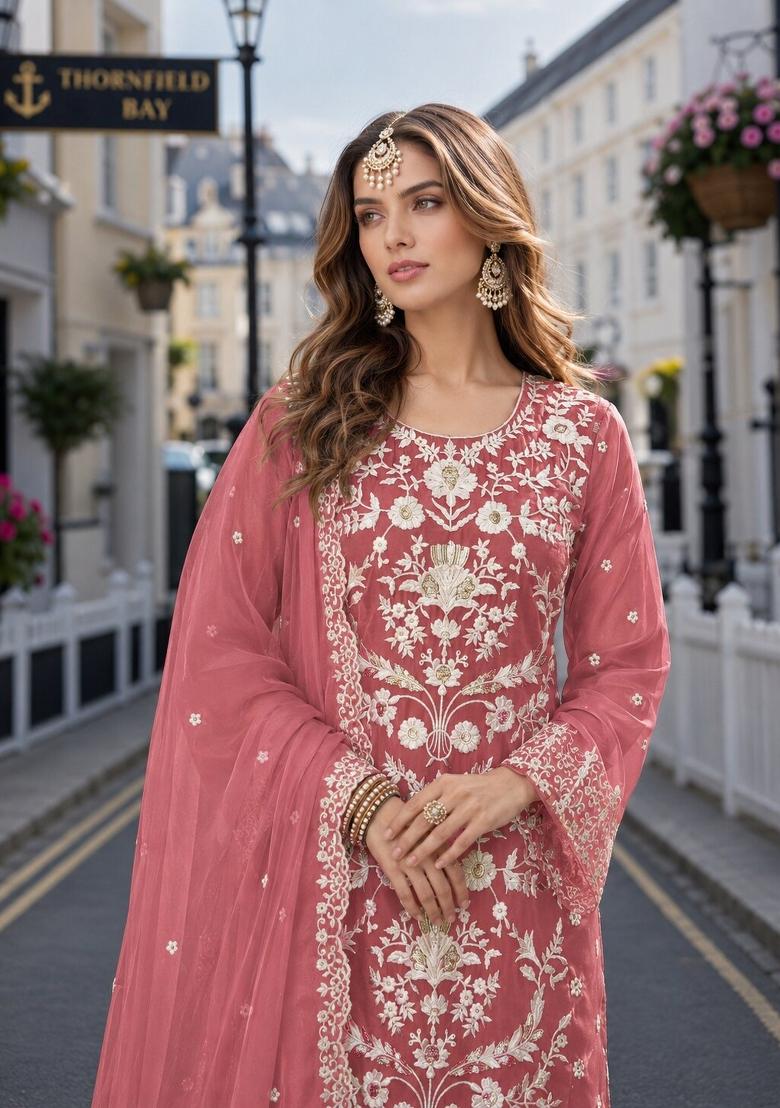 Peach Embroidery Organza Kurta Set - Indya