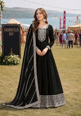 Black Embroidery Silk Anarkali Set