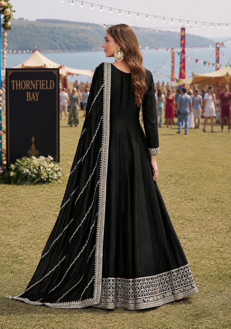 Black Embroidery Silk Anarkali Set - Indya