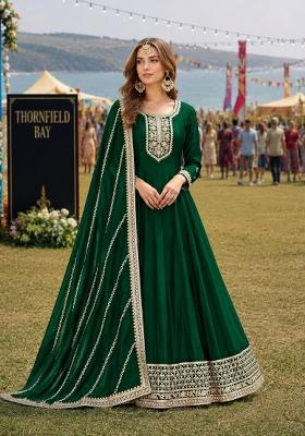Green Embroidery Silk Anarkali Set