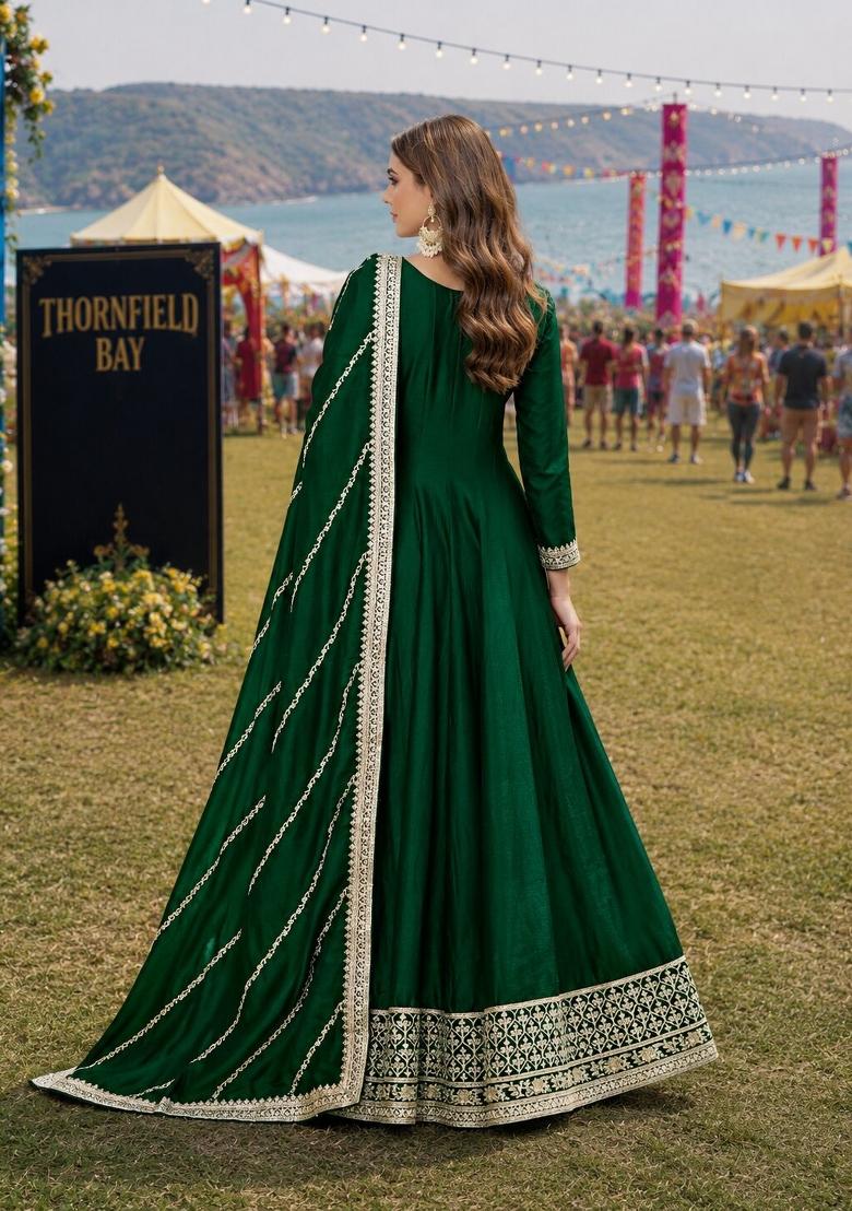 Green Embroidery Silk Anarkali Set - Indya