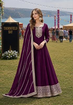 Wine Embroidery Silk Anarkali Set